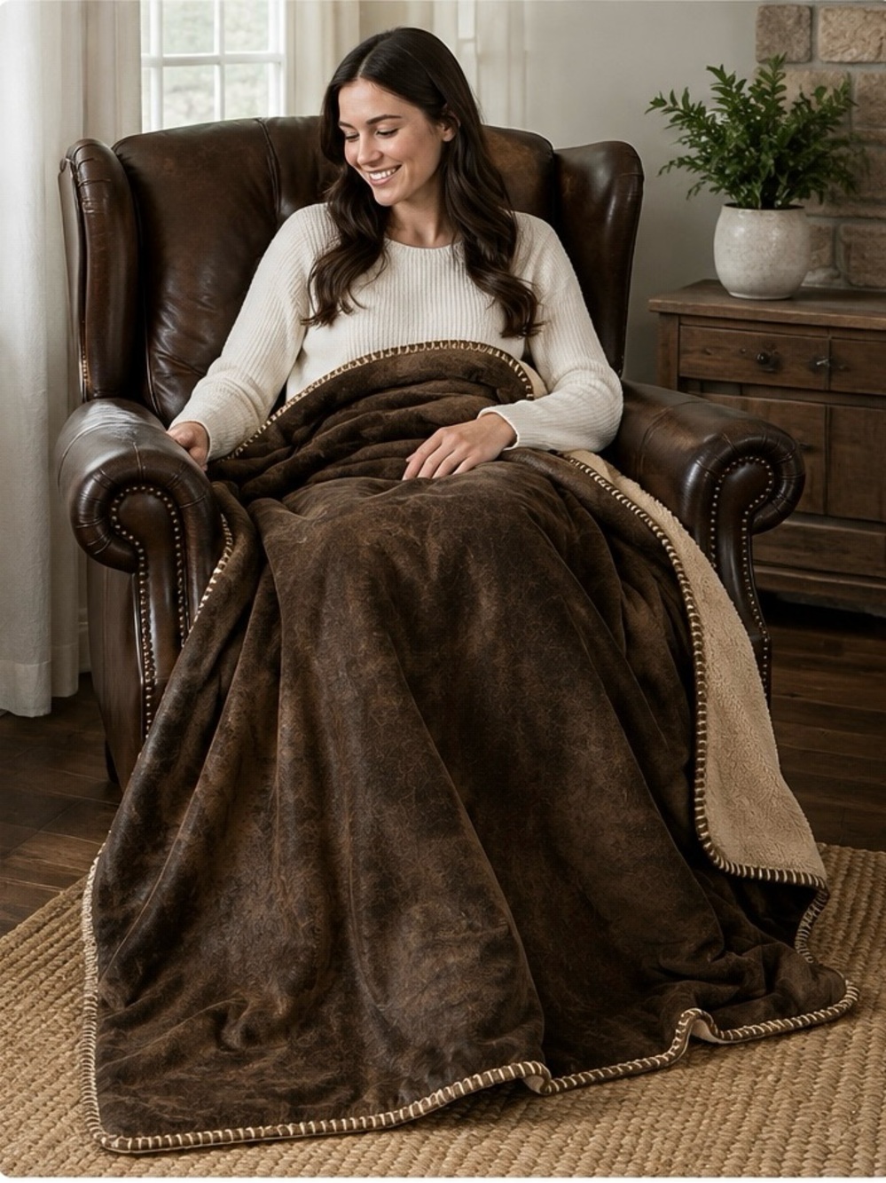 NWT Terry Town Rustic Ranch Faux Leather Cowhide Throw Blanket 50x60 Brown